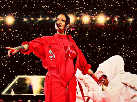Photo edit of pop star Rihanna preforming at Super Bowl LVII. Credit: Alexander J. Williams III/Popacta