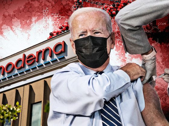 Photo edit of President Biden getting vaccinated against COVID-19 and Moderna building. Credit: Alexander J. Williams III/Pop Acta.