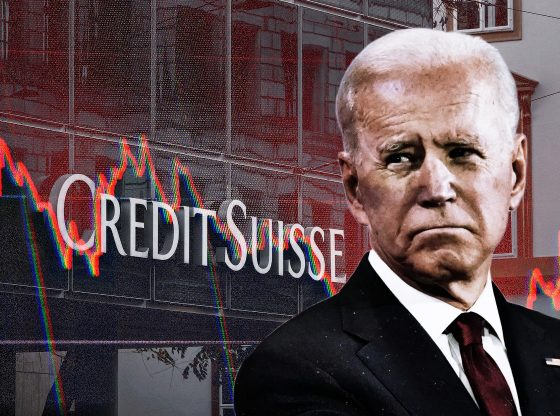 Photo edit of President Biden and Credit Suisse amid news of shares plunging. Credit: Alexander J. Williams III/Popacta.