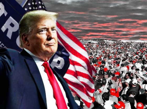 Photo edit of Donald Trump speaking 18,000 supporters at a MAGA rally in Waco, Texas. Credit: Alexander J. Williams III/Pop Acta.