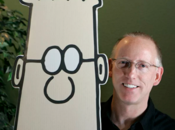 Scott Adams, creator of the comic strip Dilbert, poses for a portrait with the Dilbert character in his studio in Dublin, Calif., Oct. 26, 2006.