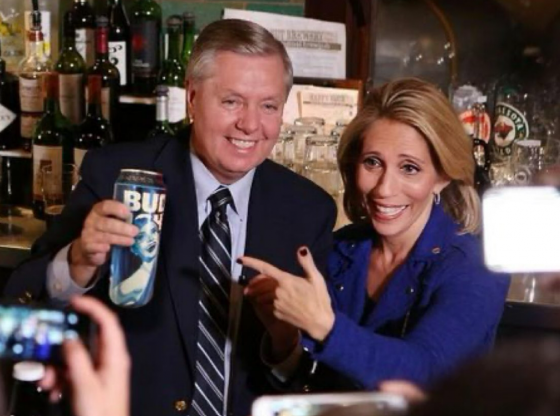 Photo edit posted by Rep. Marjorie Taylor Greene of Sen. Lindsey Graham holding the Dylan Mulvaney Bud Light can.