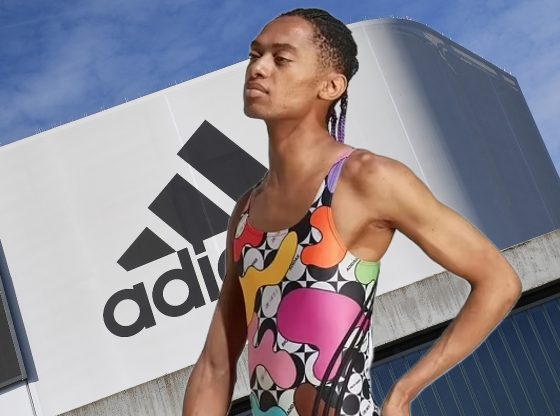 Photo edit of Adidas male model for the "Pride 2023" collection women's bathing suit.