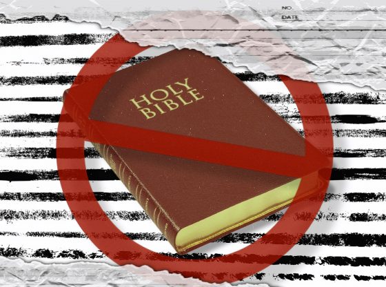 Photo illustration of the Bible being banned.