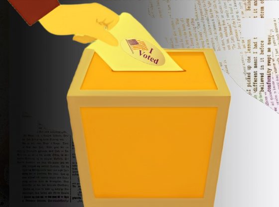 Photo illustration of a someone casting a ballot.