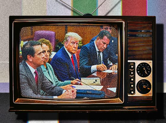 Photo edit of Donald Trump in court appearing on TV.