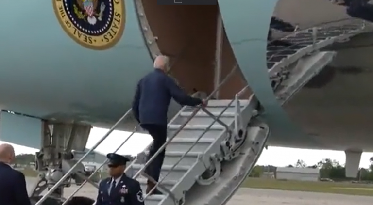 Biden boards jet after spending a total of 12 minutes at the United Auto Workers strike in Michigan. Credit: X/@RNCResearch.